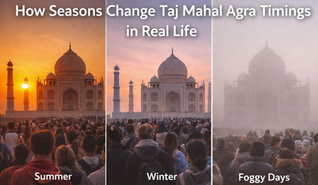 taj mahal agra timings comparison in summer winter and foggy days