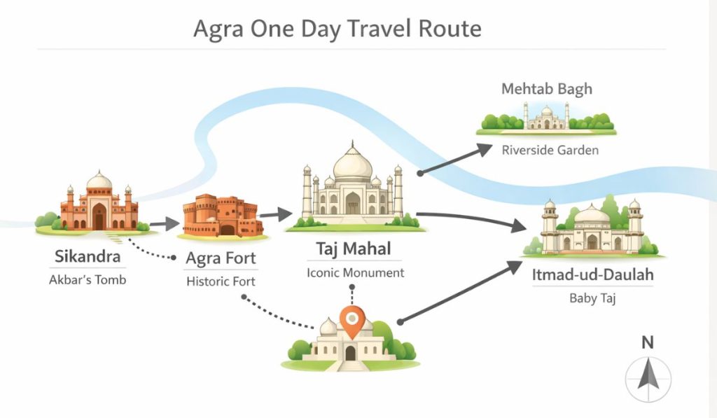 Agra one day itinerary route map Taj Mahal Agra Fort Mehtab Bagh Sikandra
