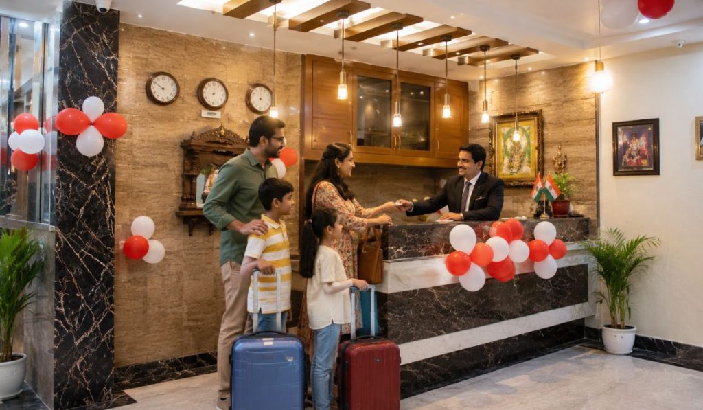 Family checking into hotel near Taj Mahal in Agra