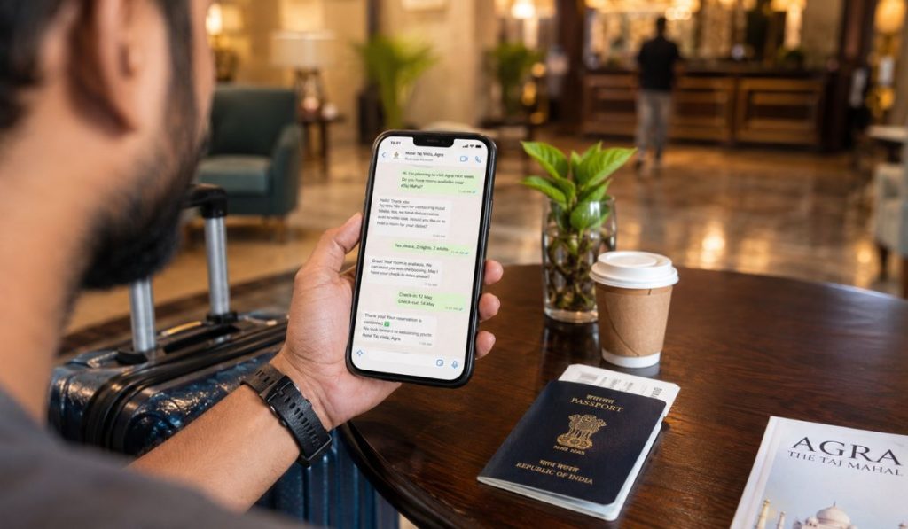 Traveler contacting hotel in Agra using WhatsApp booking support