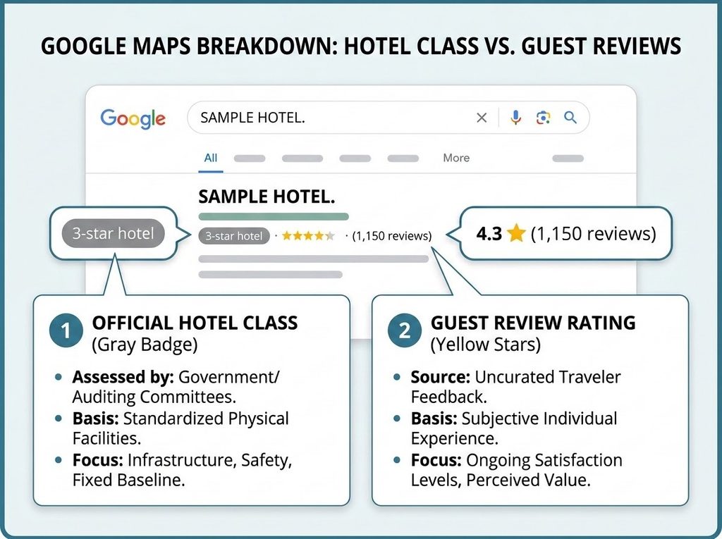 Google Search result showing the gray hotel class rating badge next to yellow review stars